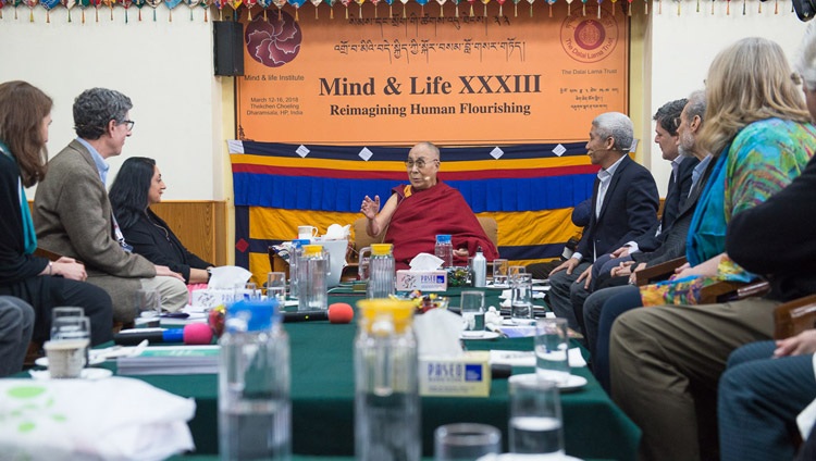 His Holiness the Dalai Lama discussing perception with Amish Jha during her presentation on the third day of the Mind & Life Conference at the Main Tibetan Temple in Dharamsala, HP, India on March 14, 2018. Photo by Tenzin Phuntsok