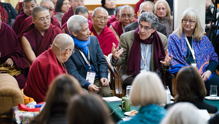 Richard Davidson summarizing the weeks proceedings on the final day of the Mind & Life Conference at the Main Tibetan Temple in Dharamsala, HP, India on March 16, 2018. Photo by Tenzin Choejor