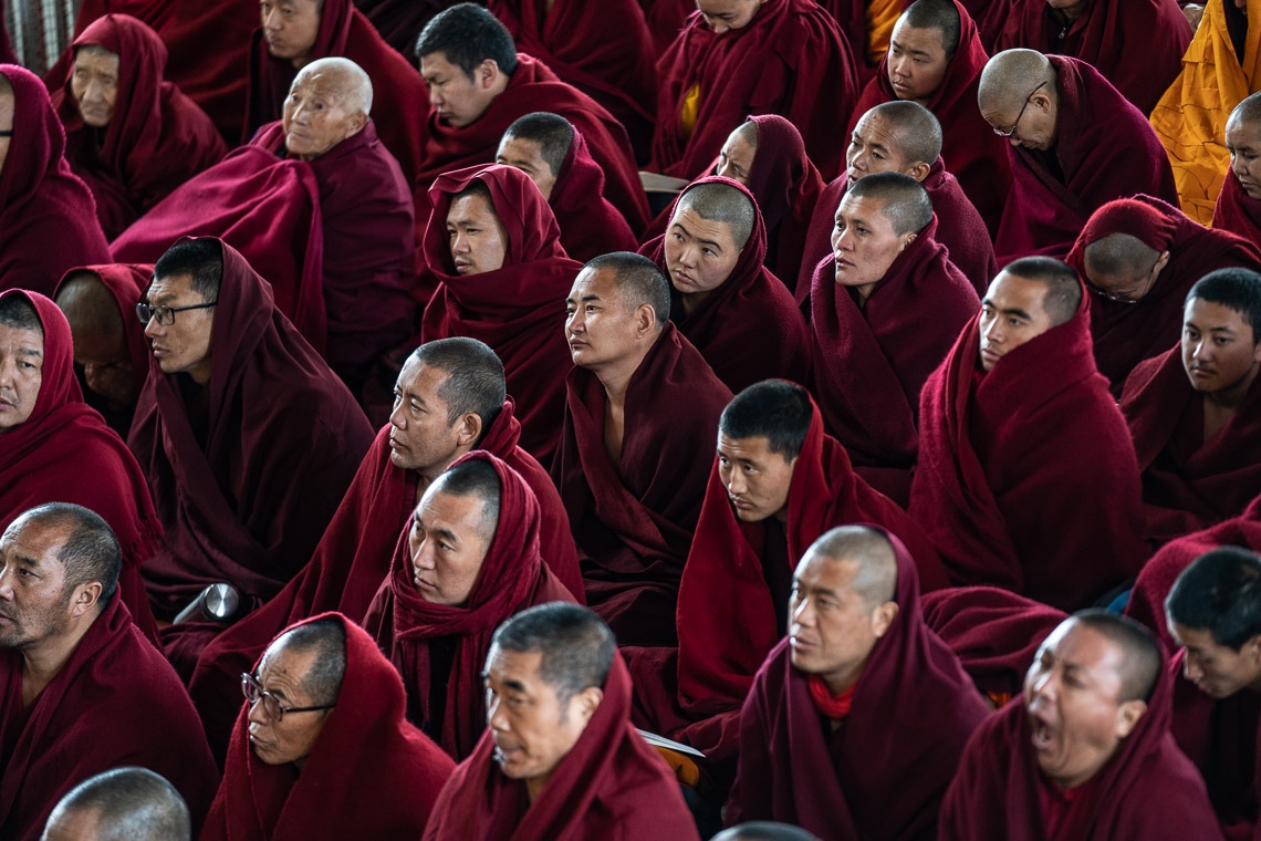 Algunos de los miles de monjes que asistieron a la enseñanza de Su Santidad el Dalái Lama en el Templo Principal Tibetano en Dharamsala, HP, India, el 19 de febrero de 2019. Foto de Tenzin Choejor