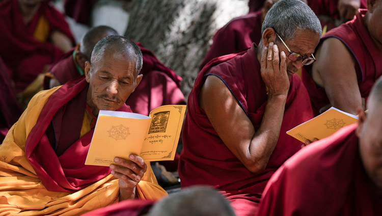Miembros de la comunidad monástica siguiendo el texto durante las enseñanzas de Su Santidad el Dalái Lama en Sumur, Valle de Nubra, J&K, India el 14 de julio de 2017. Foto de Tenzin Choejor/OHHDL