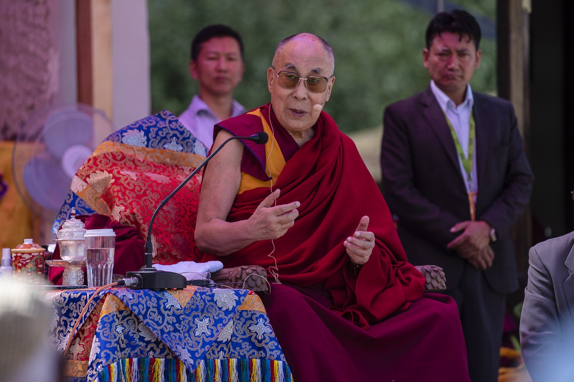 Su Santidad el Dalái Lama hablando en la ceremonia de inauguración del parque en Juma Bagh en Leh, Ladakh, J&K, India el 3 de agosto de 2018. Foto de Tenzin Choejor