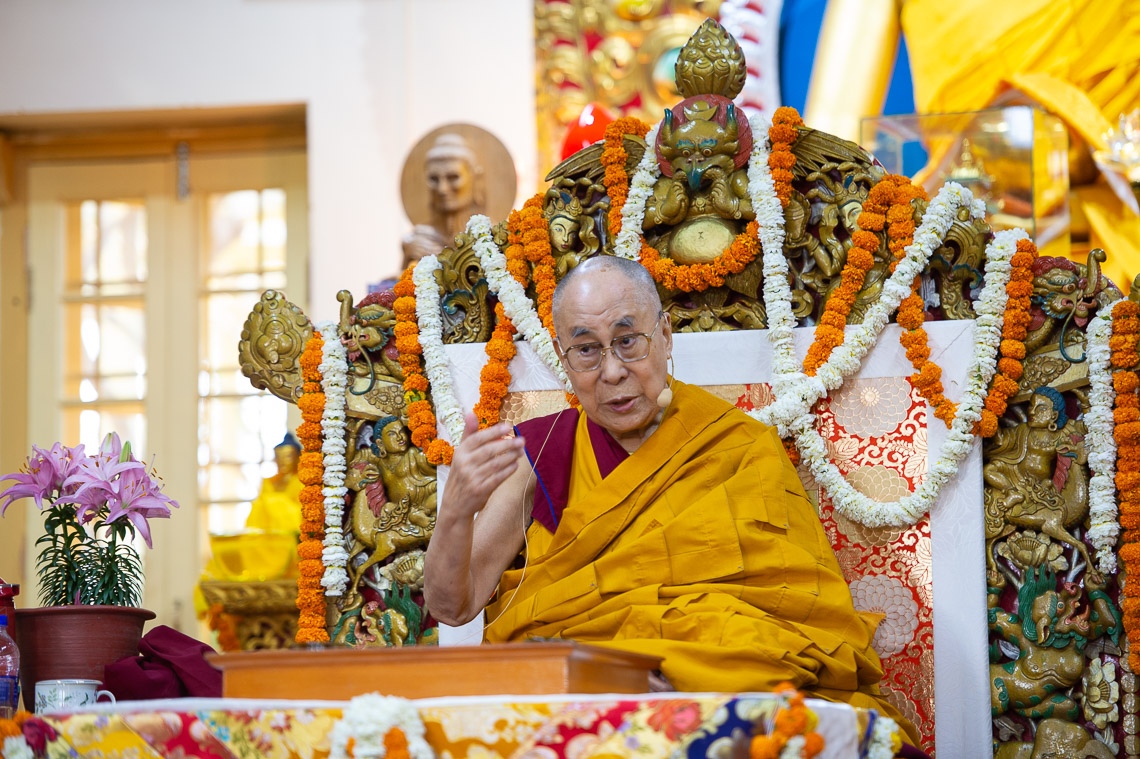 Su Santidad el Dalái Lama hablando en el último día de sus enseñanzas en el Templo Principal Tibetano en Dharamsala, HP, India el 12 de mayo de 2019. Foto de Lobsang Tsering